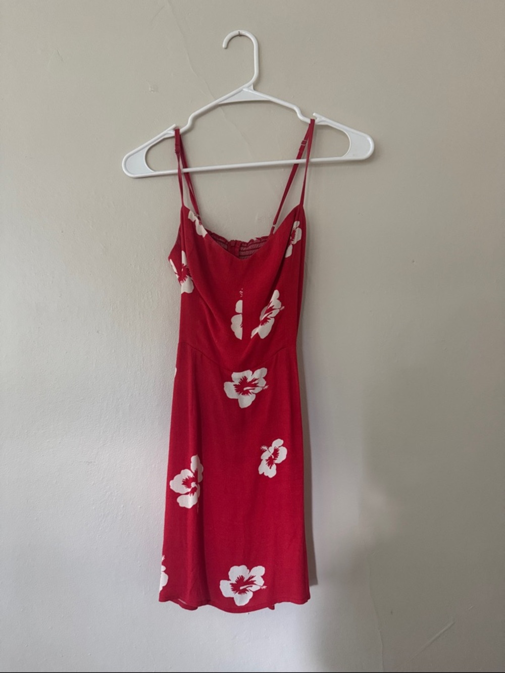 Reformation Red Floral Slip Dress with White Hibiscus Prints